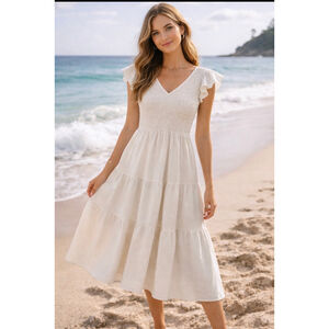 Women's Blu Pepper Ivory Smocked Tiered Maxi Dress L